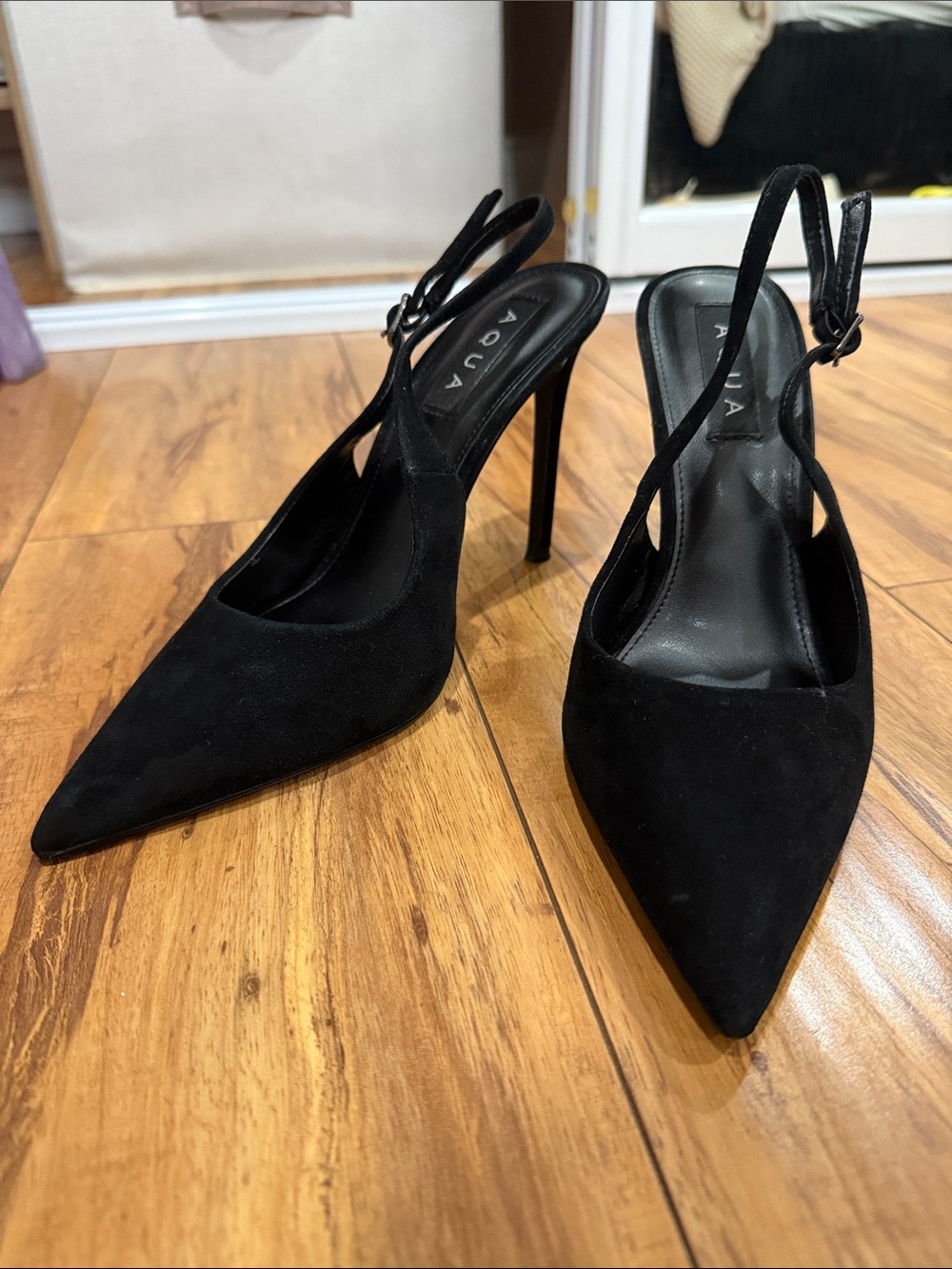 Aqua Black Pointed-Toe Suede Slingback Heels
